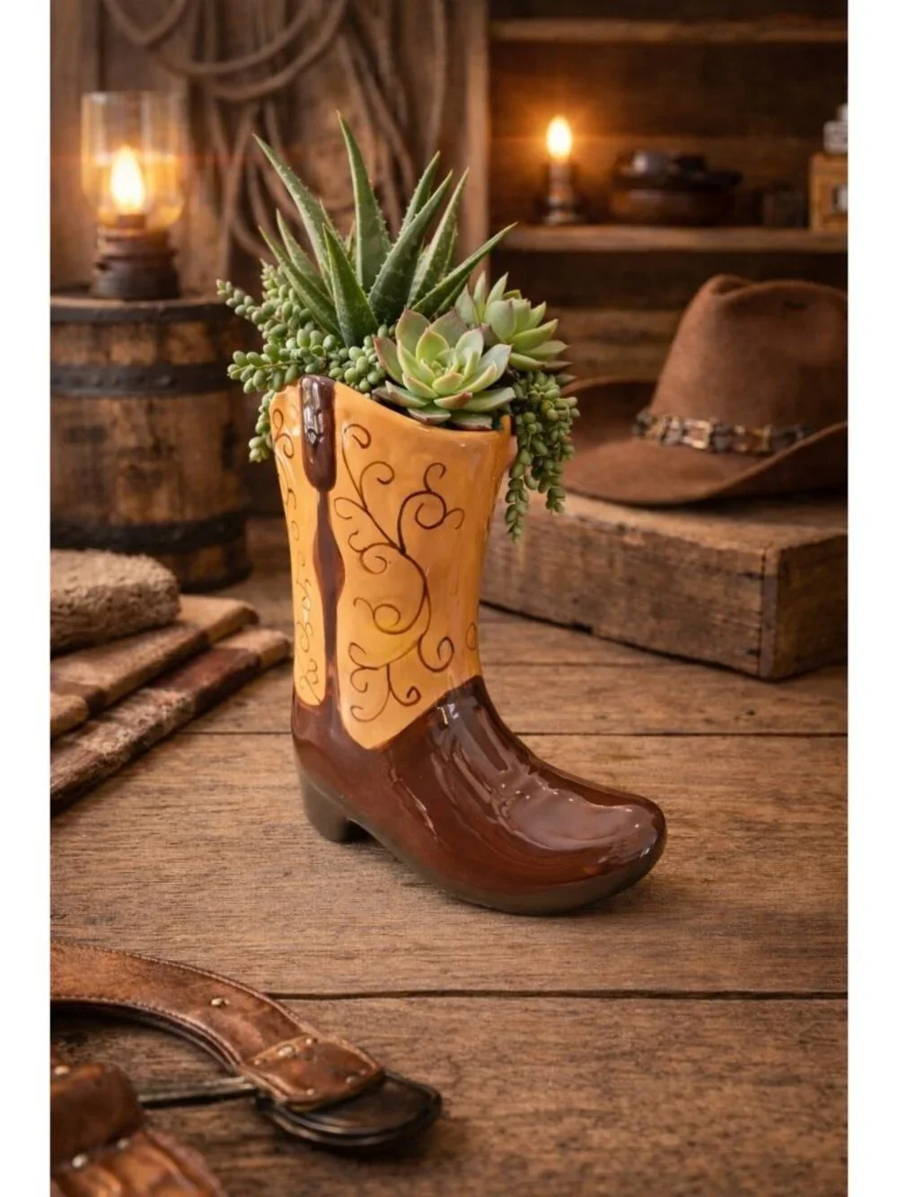 New Brown Western Cowboy Boot Decorative Flower Table Vase Room Decor